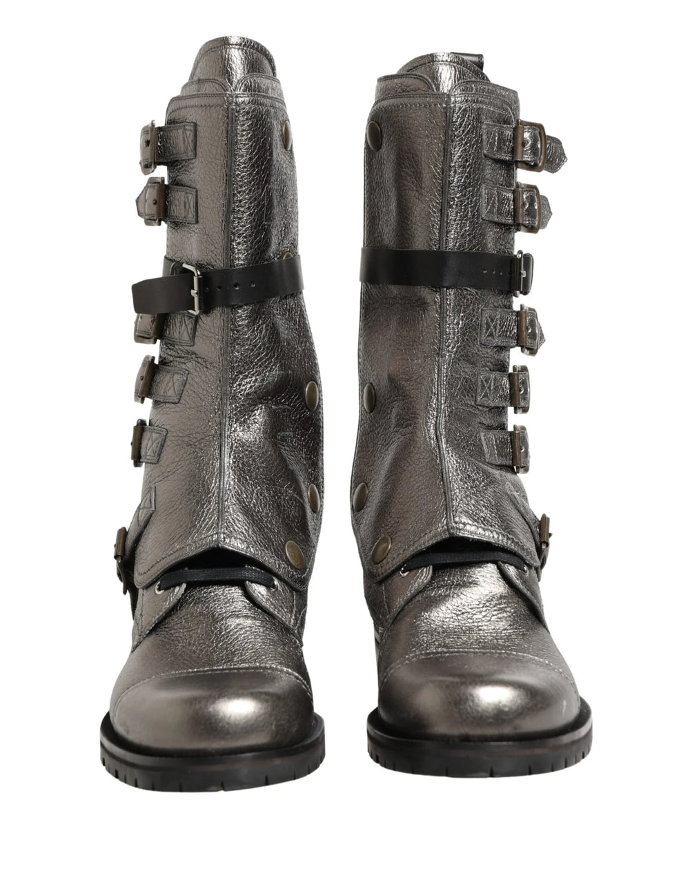 Dolce & Gabbana Metallic Leather Buckle Combat Boots Shoes - EU45/US12