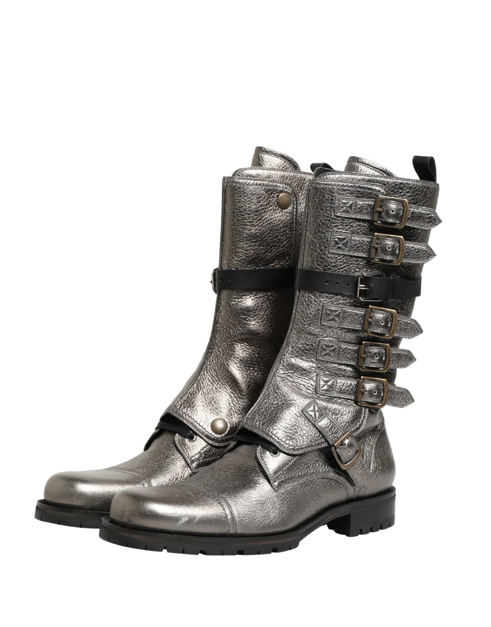 Dolce & Gabbana Metallic Leather Buckle Combat Boots Shoes - EU45/US12