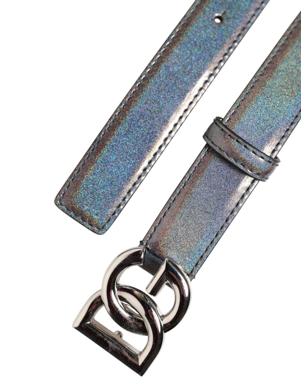 Dolce & Gabbana Metallic Leather Silver Tone Logo Buckle Belt - Belts