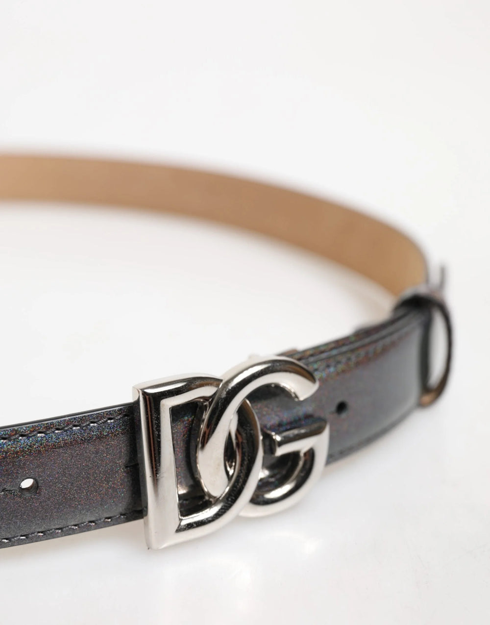Dolce & Gabbana Metallic Leather Silver Tone Logo Buckle Belt - Belts