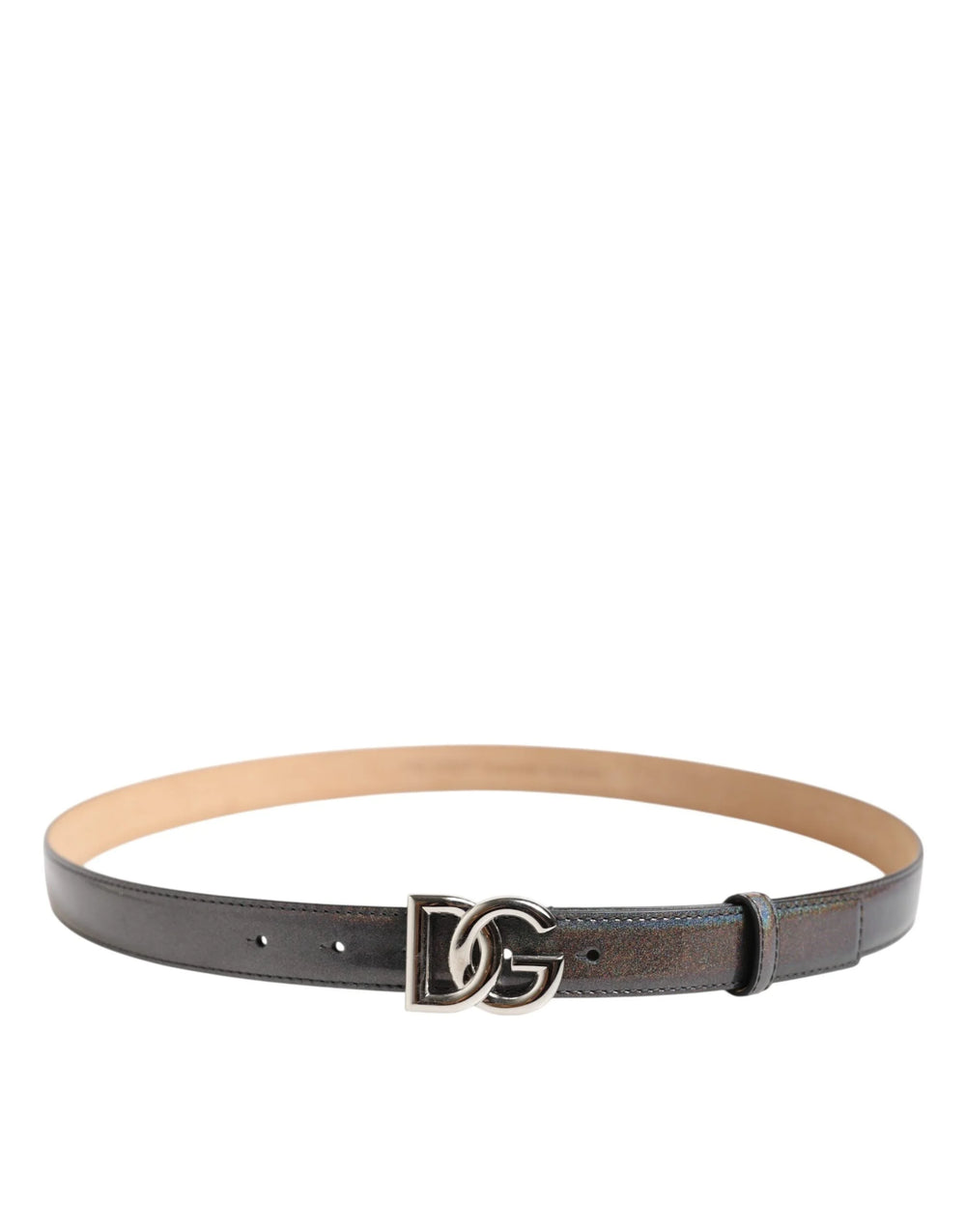Dolce & Gabbana Metallic Leather Silver Tone Logo Buckle Belt - Belts