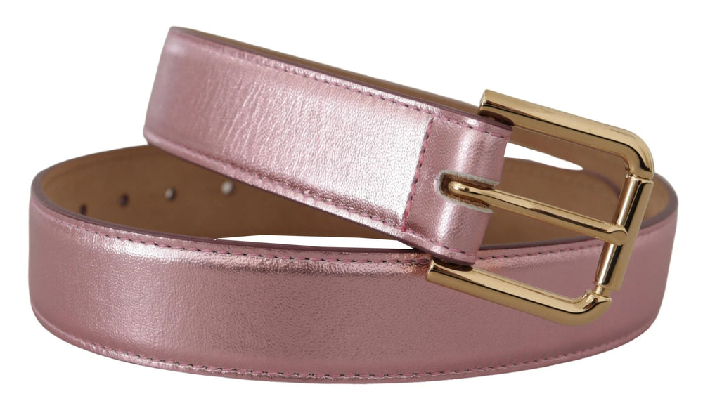 Dolce & Gabbana Metallic Pink Polished Leather Logo Metal Buckle Belt - 70 cm / 28 Inches - Belts
