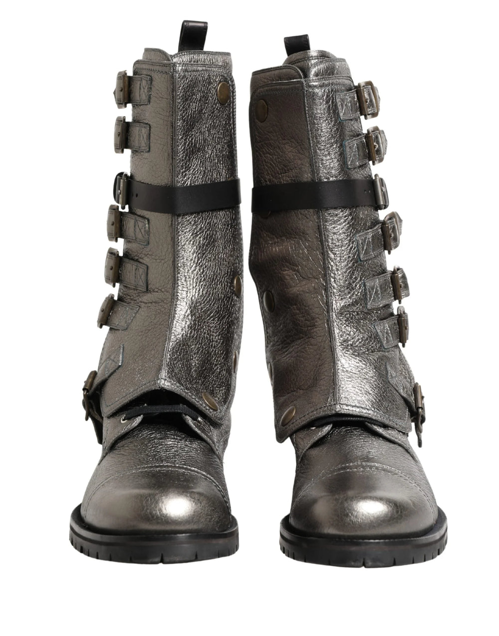 Dolce & Gabbana Metallic Silver Combat Biker Mid Calf Boots Shoes - EU44/US11
