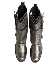 Dolce & Gabbana Metallic Silver Combat Biker Mid Calf Boots Shoes - EU44/US11