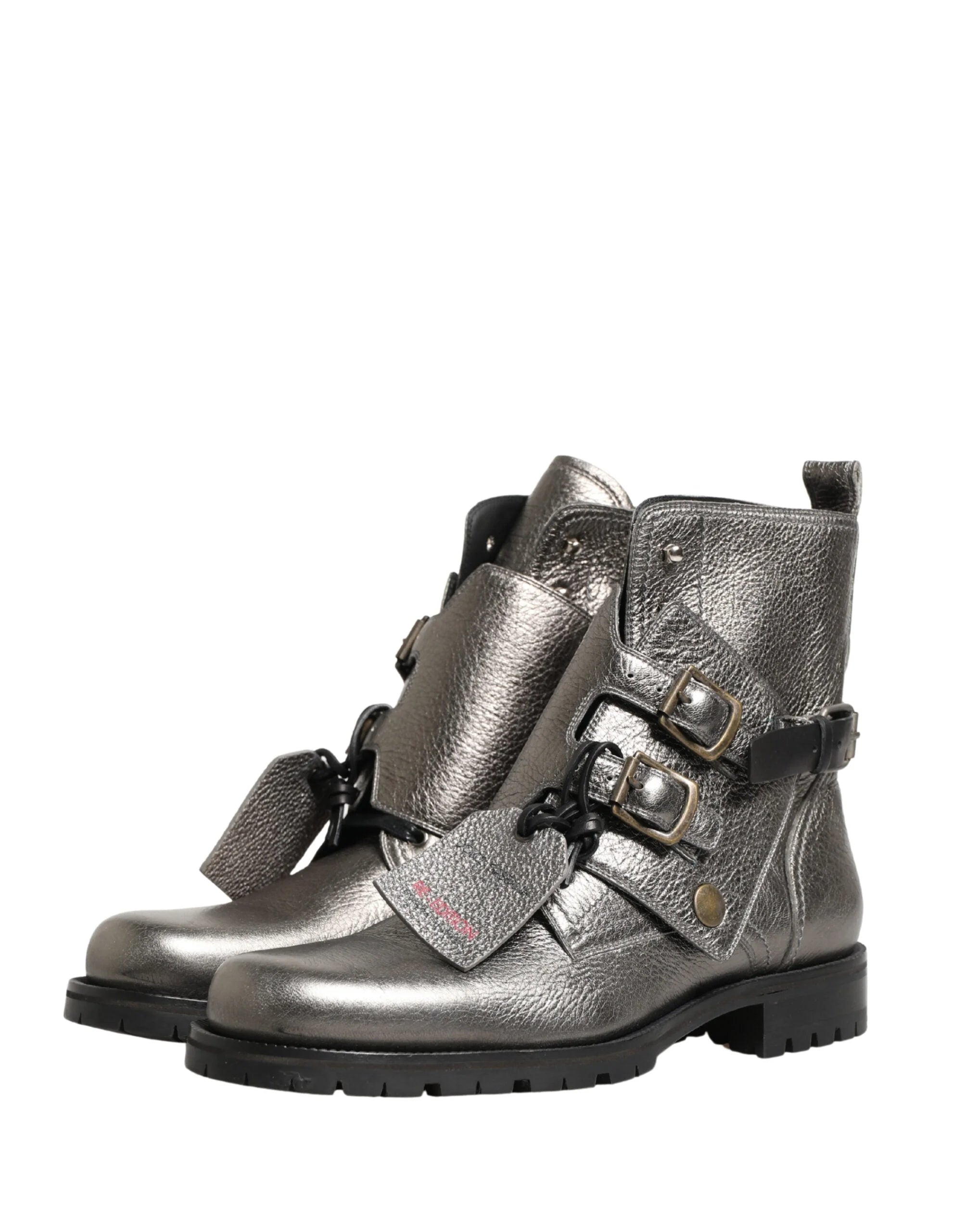 Dolce & Gabbana Metallic Silver Leather Buckle Ankle Boots Shoes - EU43/US10