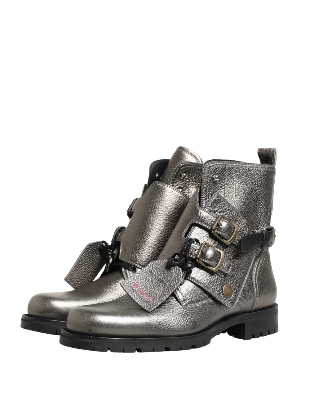 Dolce & Gabbana Metallic Silver Leather Buckle Ankle Boots Shoes - EU43/US10