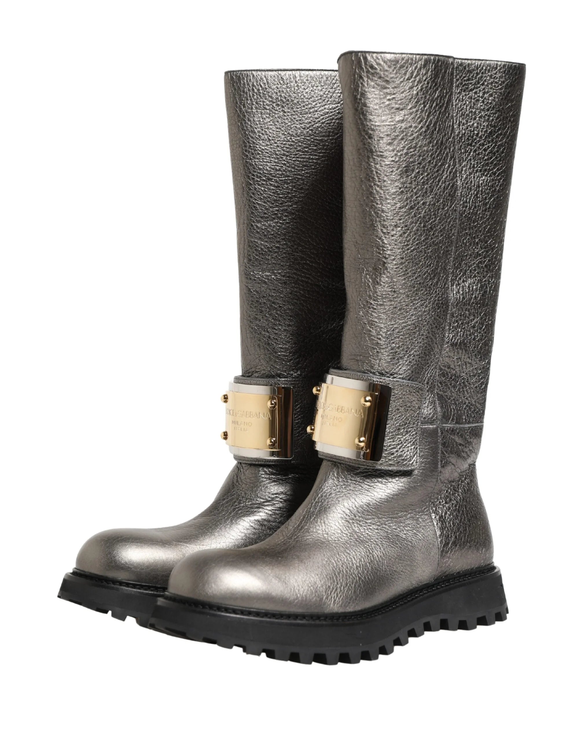 Dolce & Gabbana Metallic Silver Leather Mid Calf Boots Shoes - EU44/US11