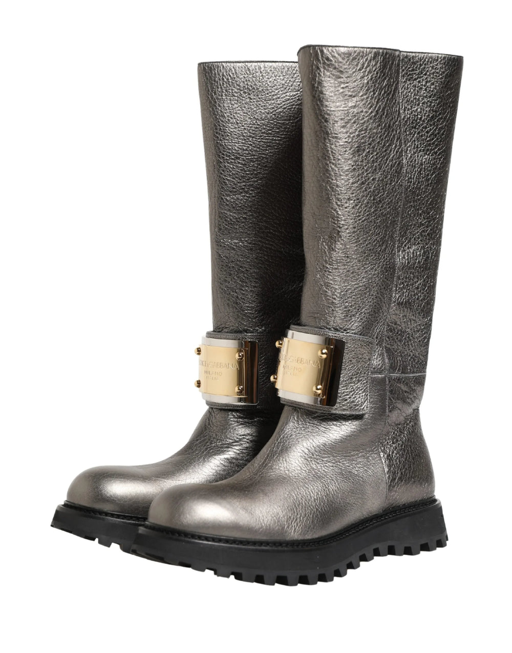 Dolce & Gabbana Metallic Silver Leather Mid Calf Boots Shoes - EU44/US11
