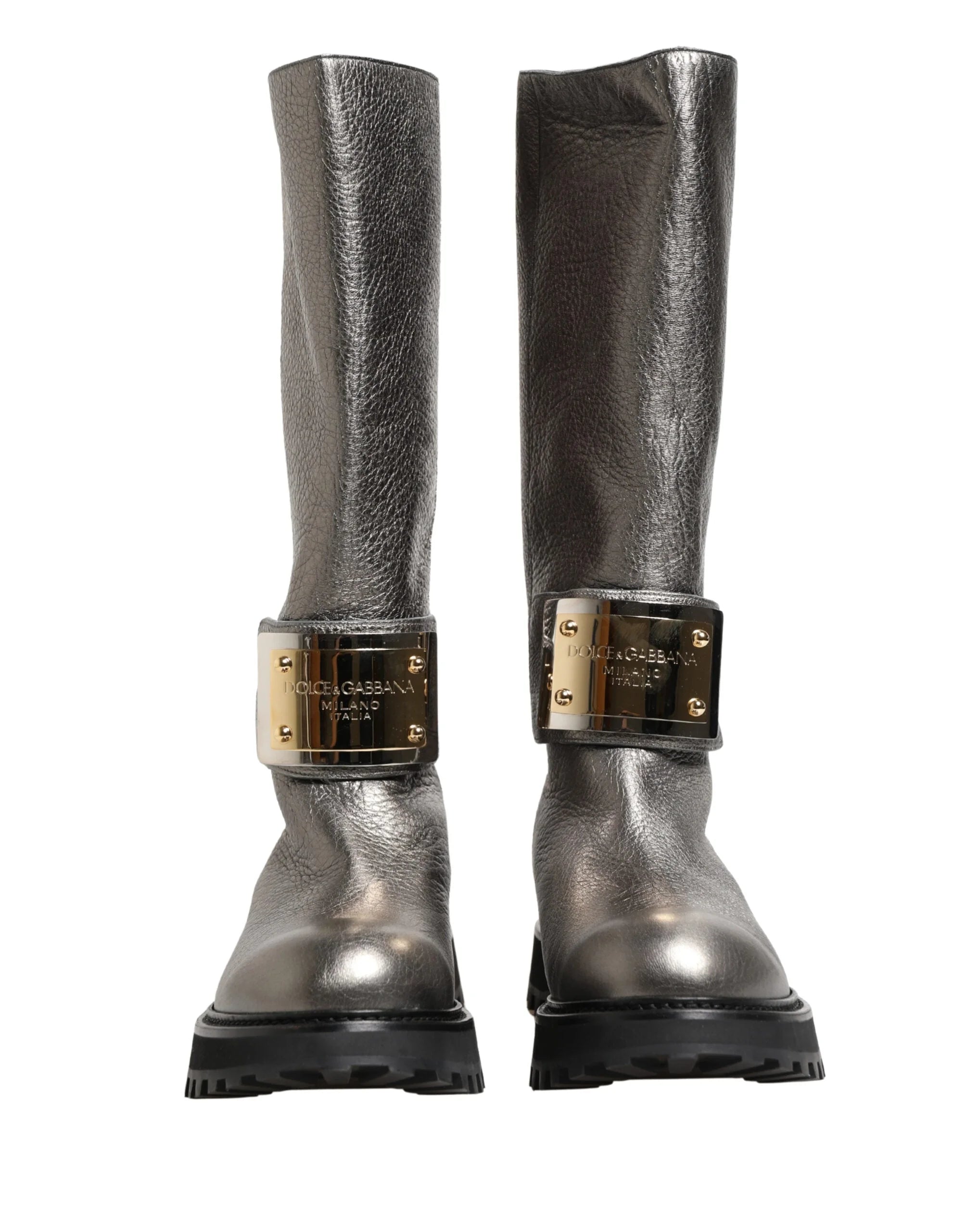 Dolce & Gabbana Metallic Silver Leather Mid Calf Boots Shoes - EU44/US11