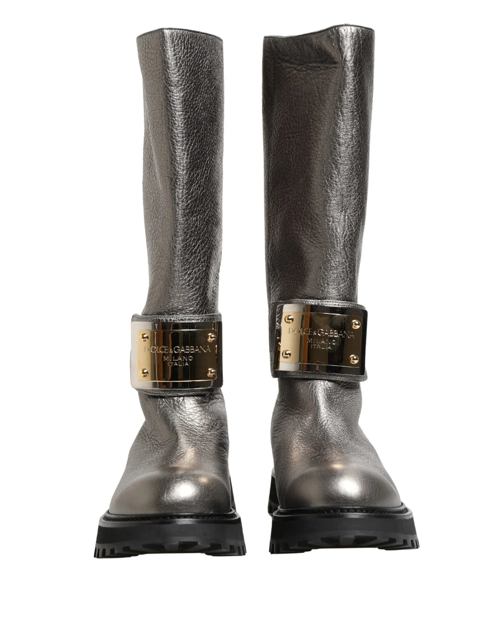 Dolce & Gabbana Metallic Silver Leather Mid Calf Boots Shoes - EU44/US11