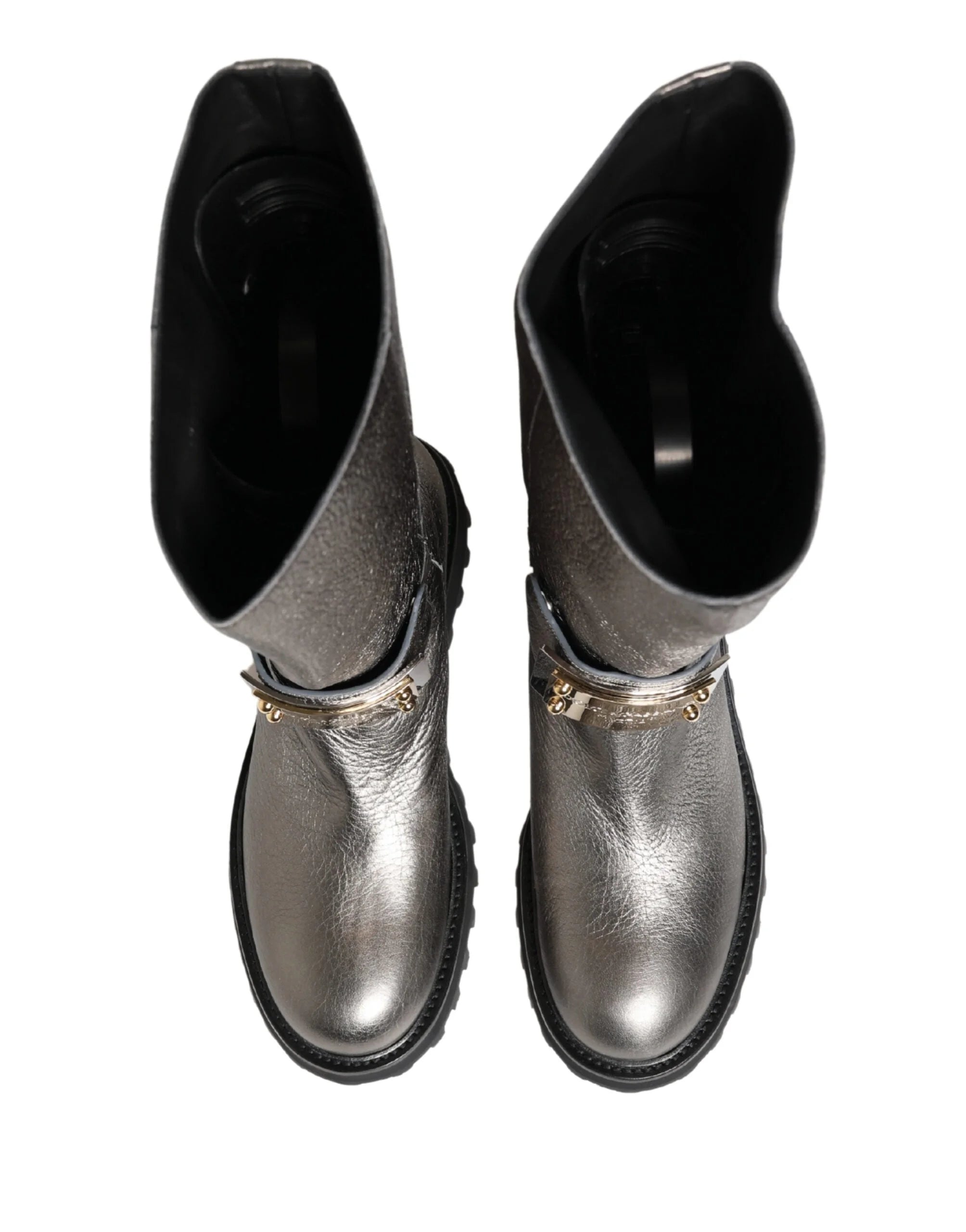 Dolce & Gabbana Metallic Silver Leather Mid Calf Boots Shoes - EU44/US11