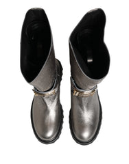 Dolce & Gabbana Metallic Silver Leather Mid Calf Boots Shoes - EU44/US11