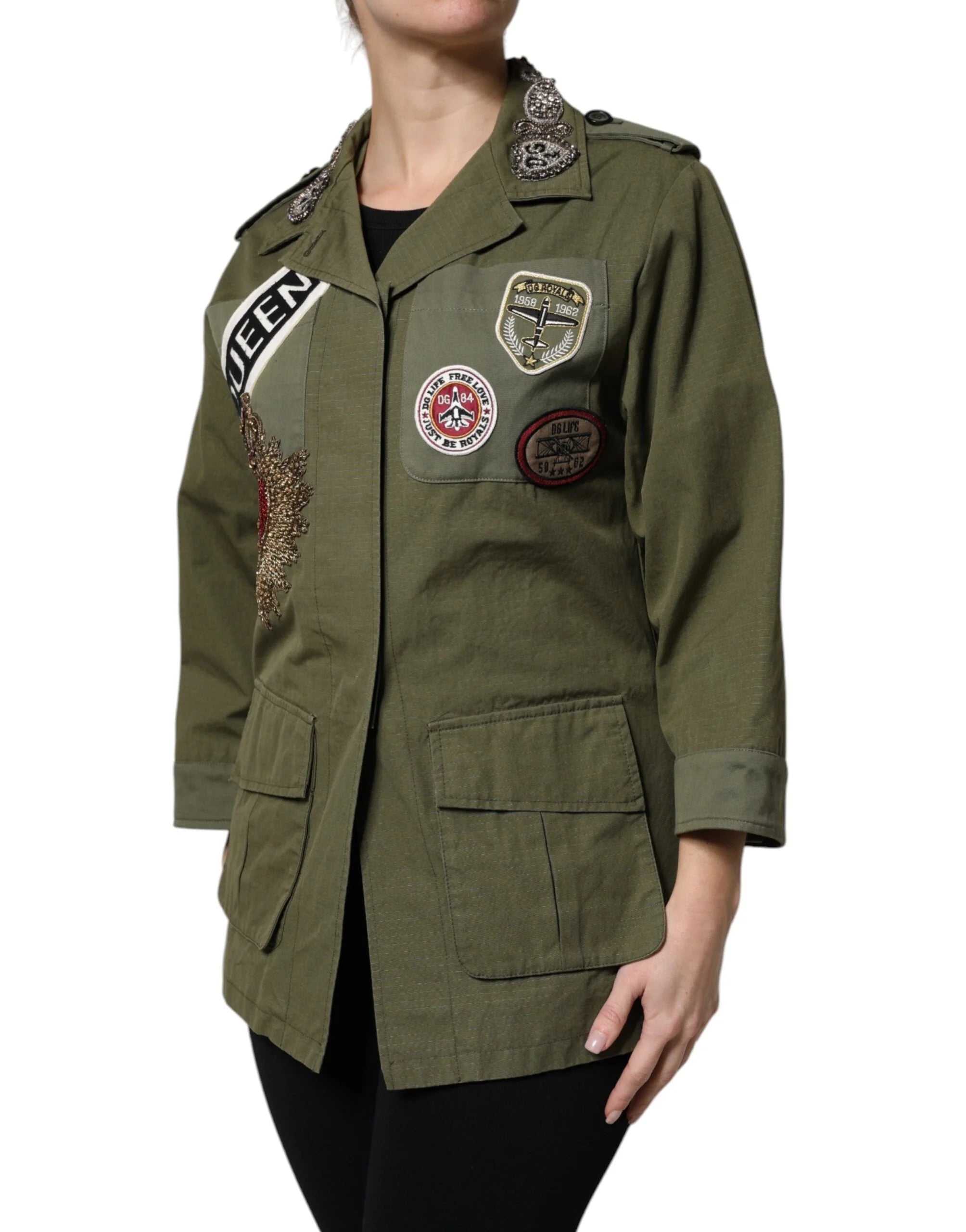 Dolce & Gabbana Military Green Queen Embellished Coat Jacket - Sport Jackets