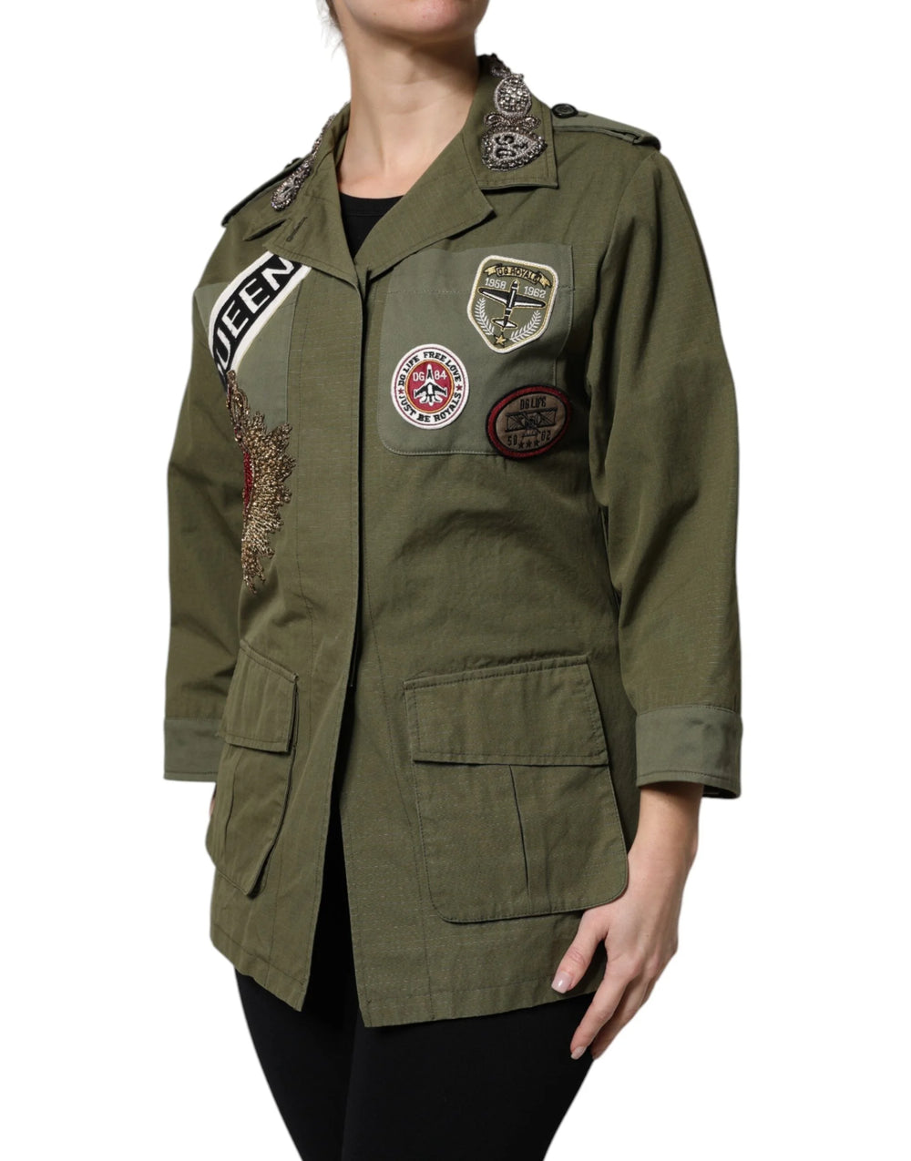 Dolce & Gabbana Military Green Queen Embellished Coat Jacket - Sport Jackets