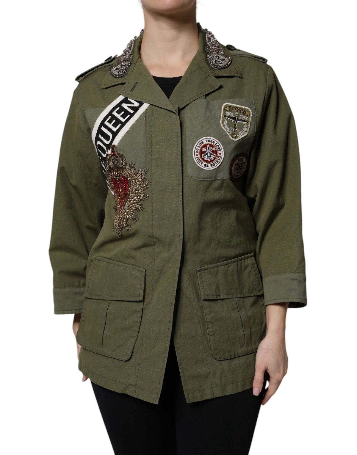 Dolce & Gabbana Military Green Queen Embellished Coat Jacket - Sport Jackets