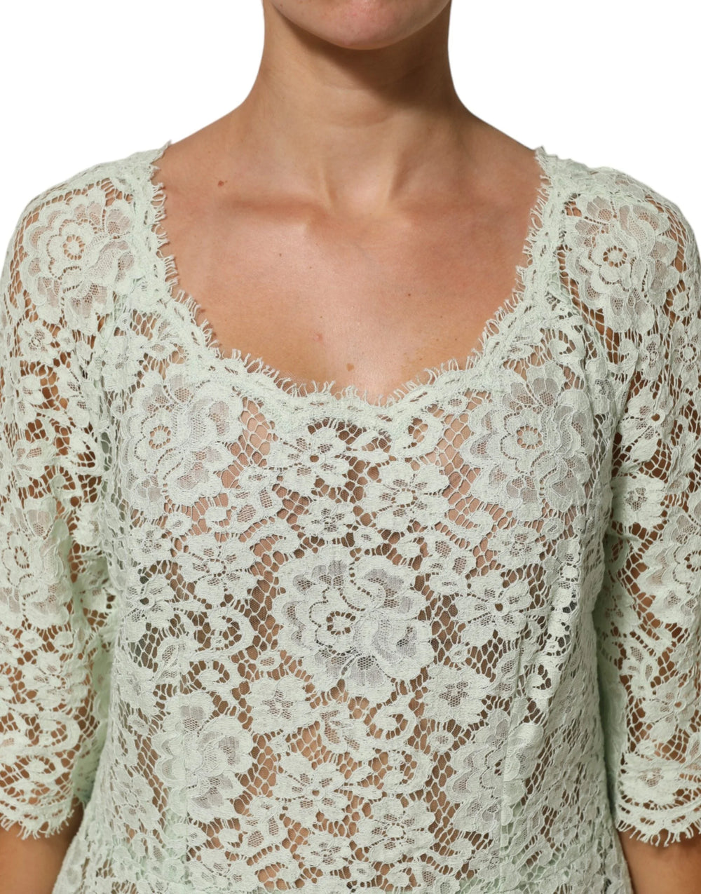 Dolce & Gabbana Mint Green Floral Lace Trim Midi Dress - IT50|3XL - Dresses