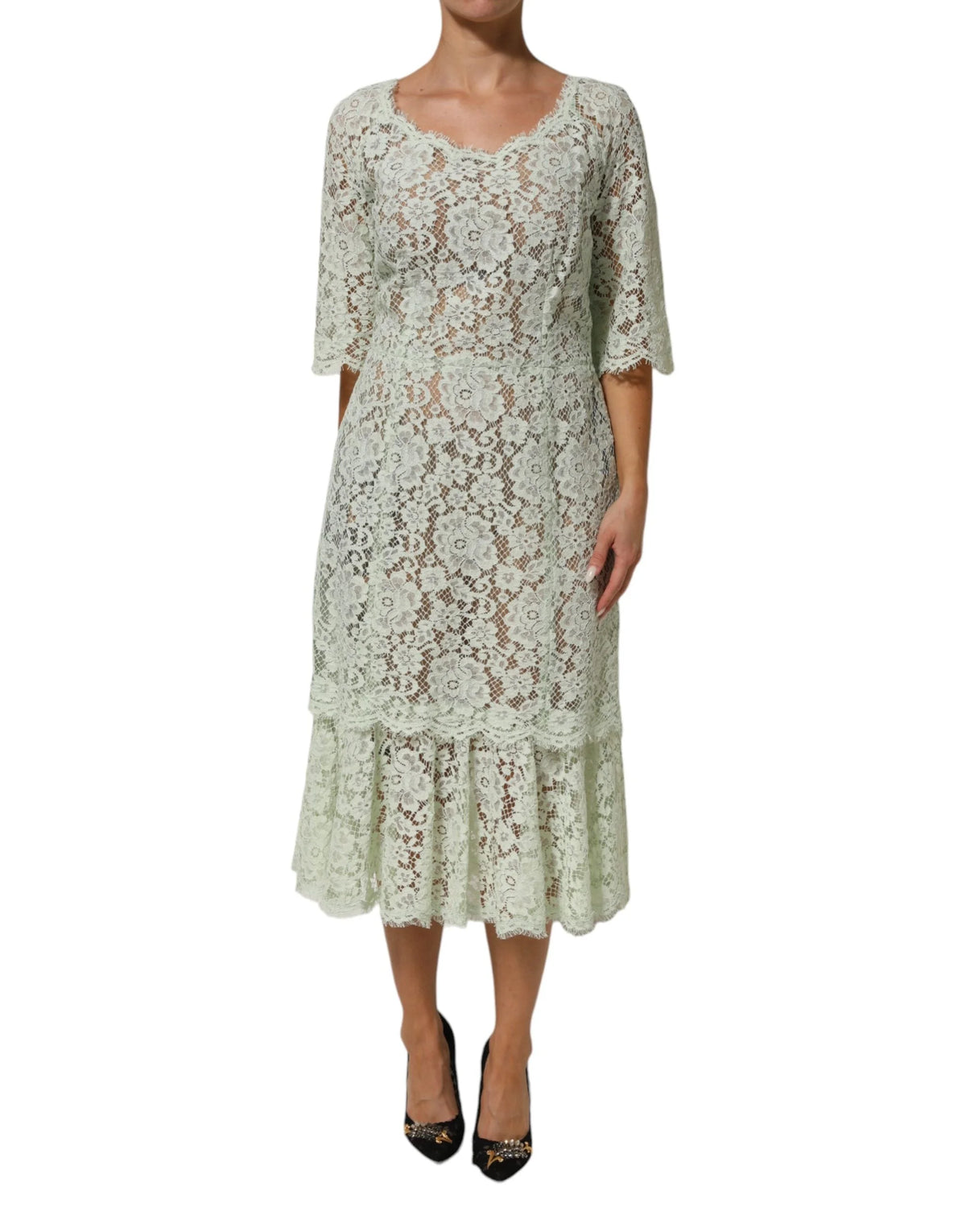 Dolce & Gabbana Mint Green Floral Lace Trim Midi Dress - IT50|3XL - Dresses
