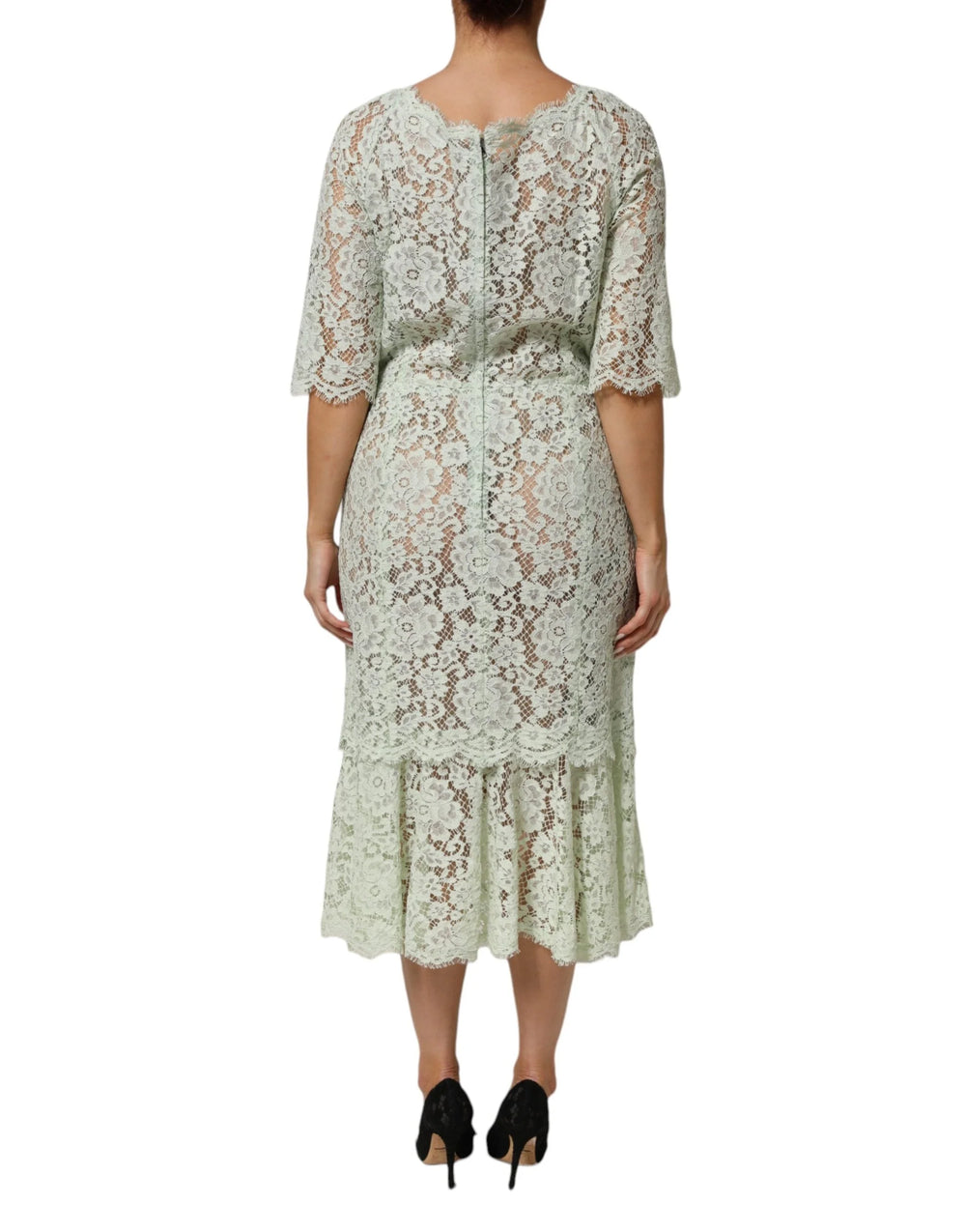 Dolce & Gabbana Mint Green Floral Lace Trim Midi Dress - IT50|3XL - Dresses