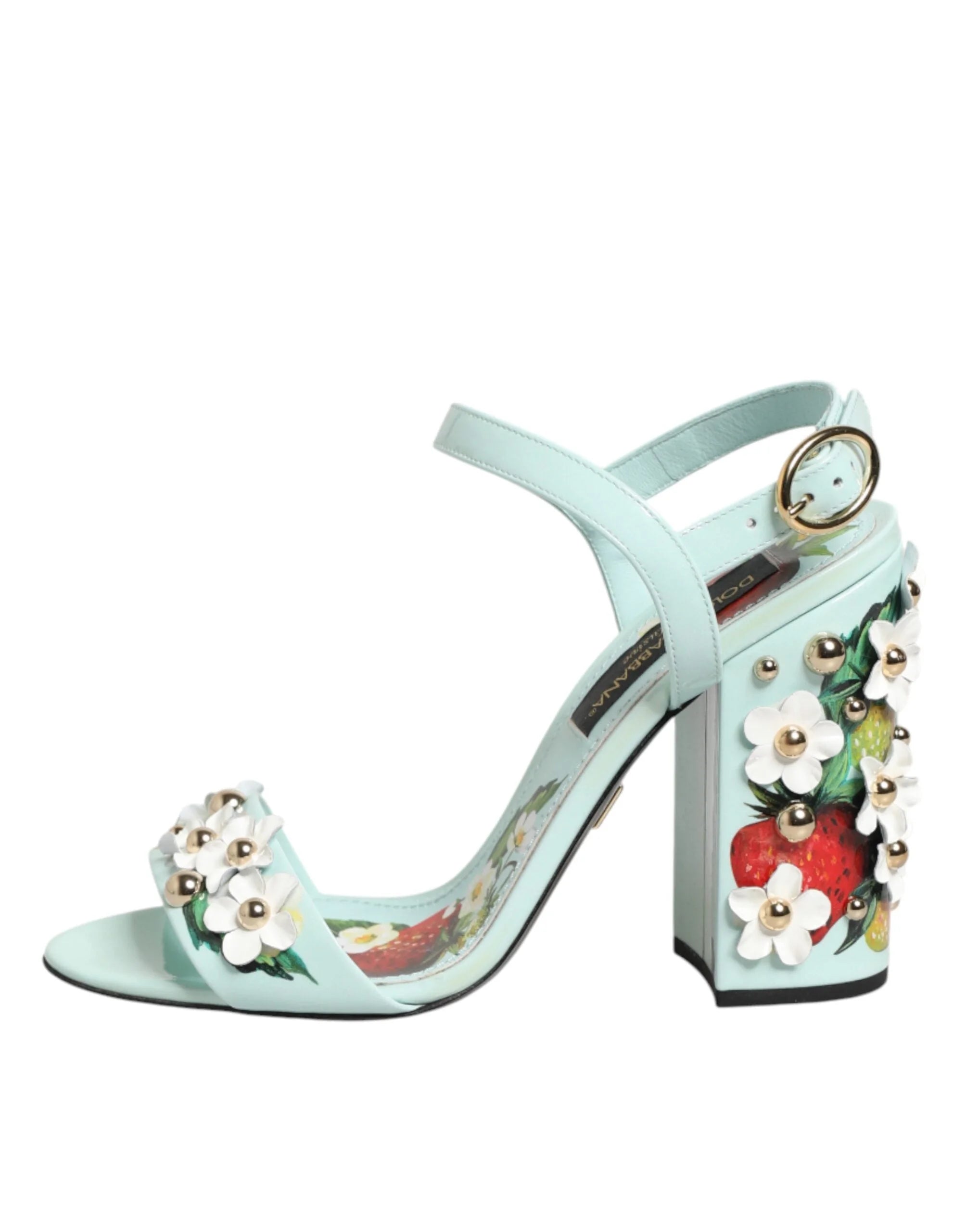 Dolce & Gabbana Mint Green Floral Studs Heels Sandals Shoes - Sandals