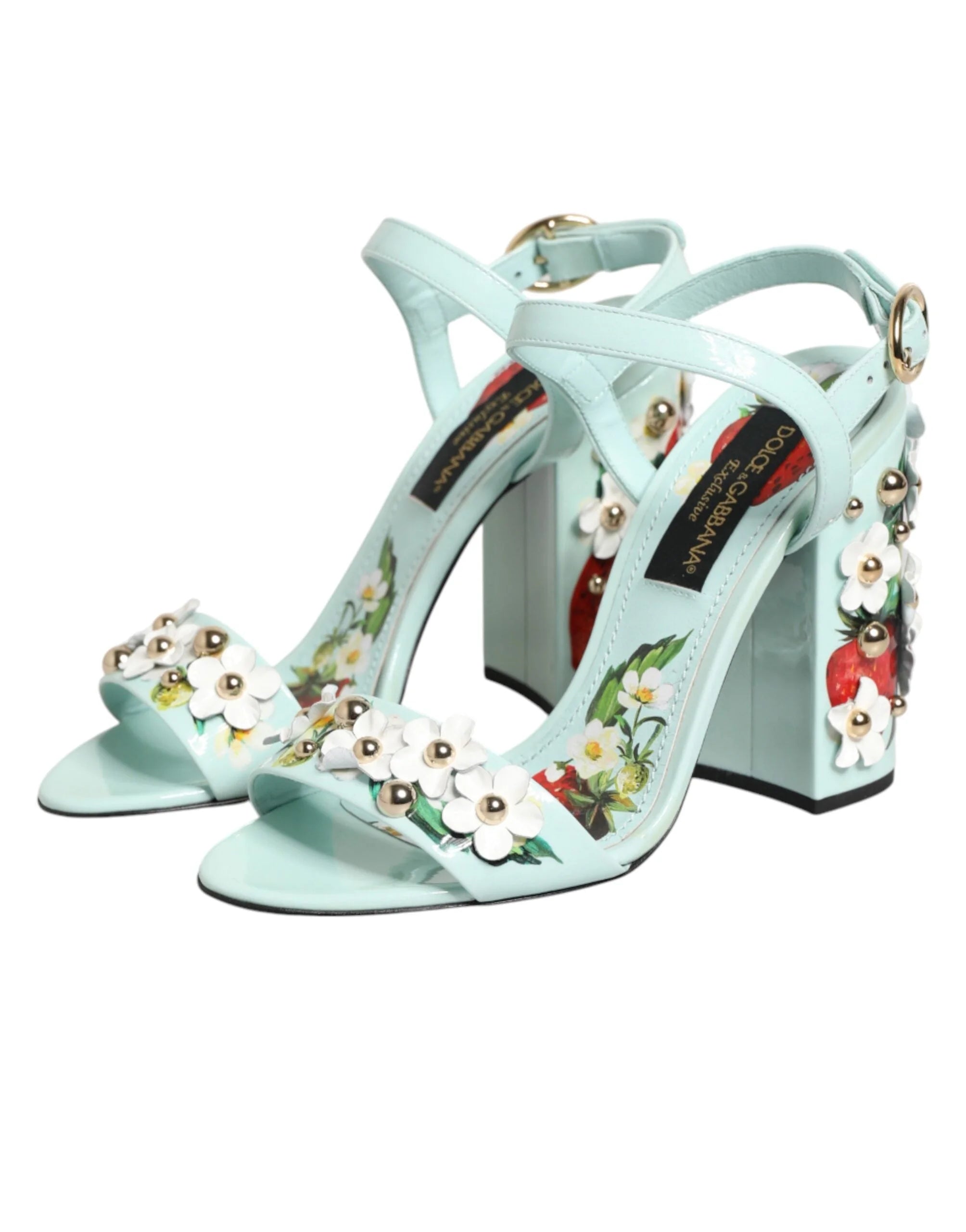 Dolce & Gabbana Mint Green Floral Studs Heels Sandals Shoes - Sandals
