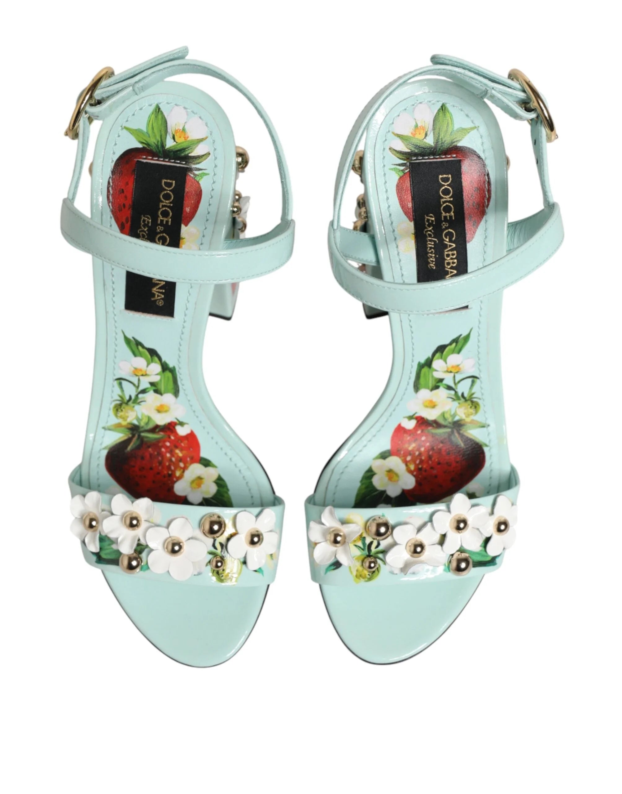 Dolce & Gabbana Mint Green Floral Studs Heels Sandals Shoes - Sandals