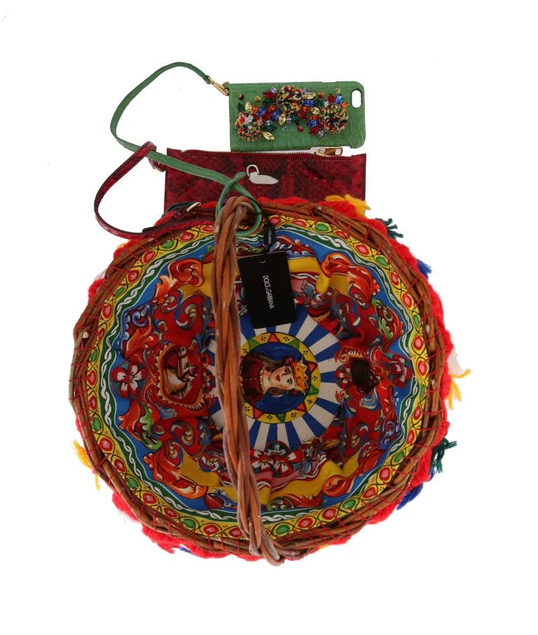 Dolce & Gabbana Multicolor AGNESE Straw Crystal Pom Pom Bag