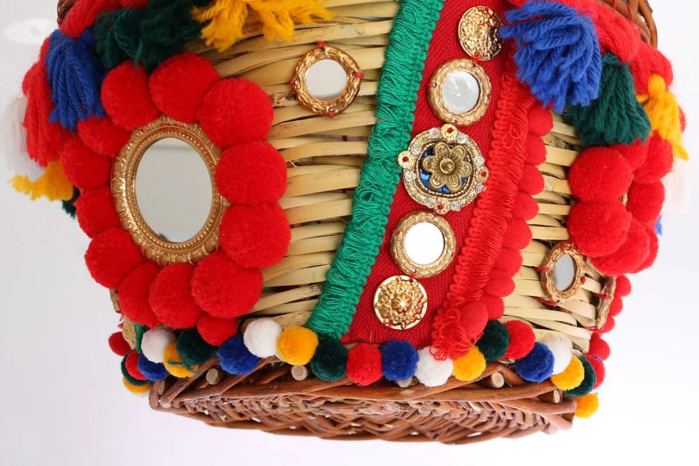 Dolce & Gabbana Multicolor AGNESE Straw Crystal Pom Pom Bag