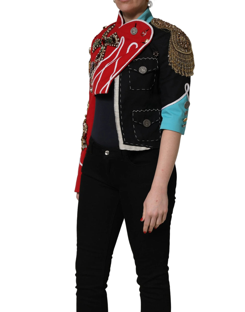 Dolce & Gabbana Multicolor Asymmetrical Ornate Jewel Cropped Jacket - IT40|S