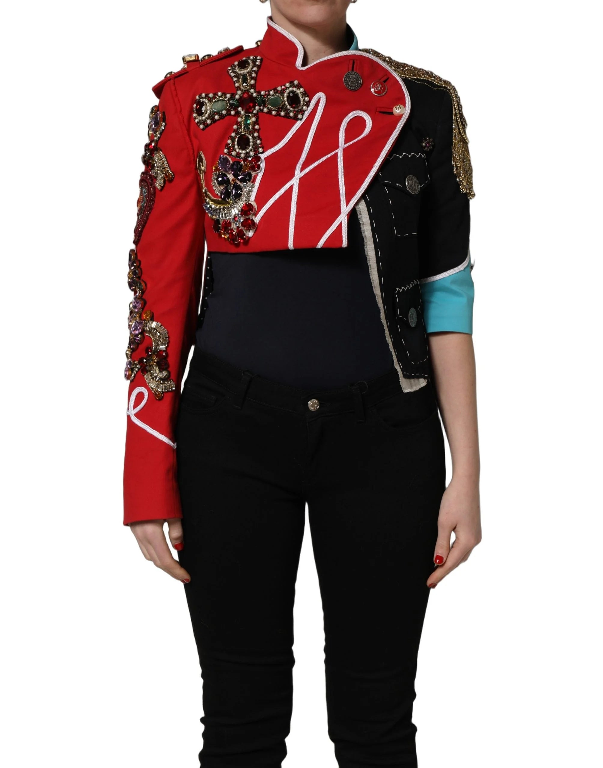 Dolce & Gabbana Multicolor Asymmetrical Ornate Jewel Cropped Jacket - IT40|S