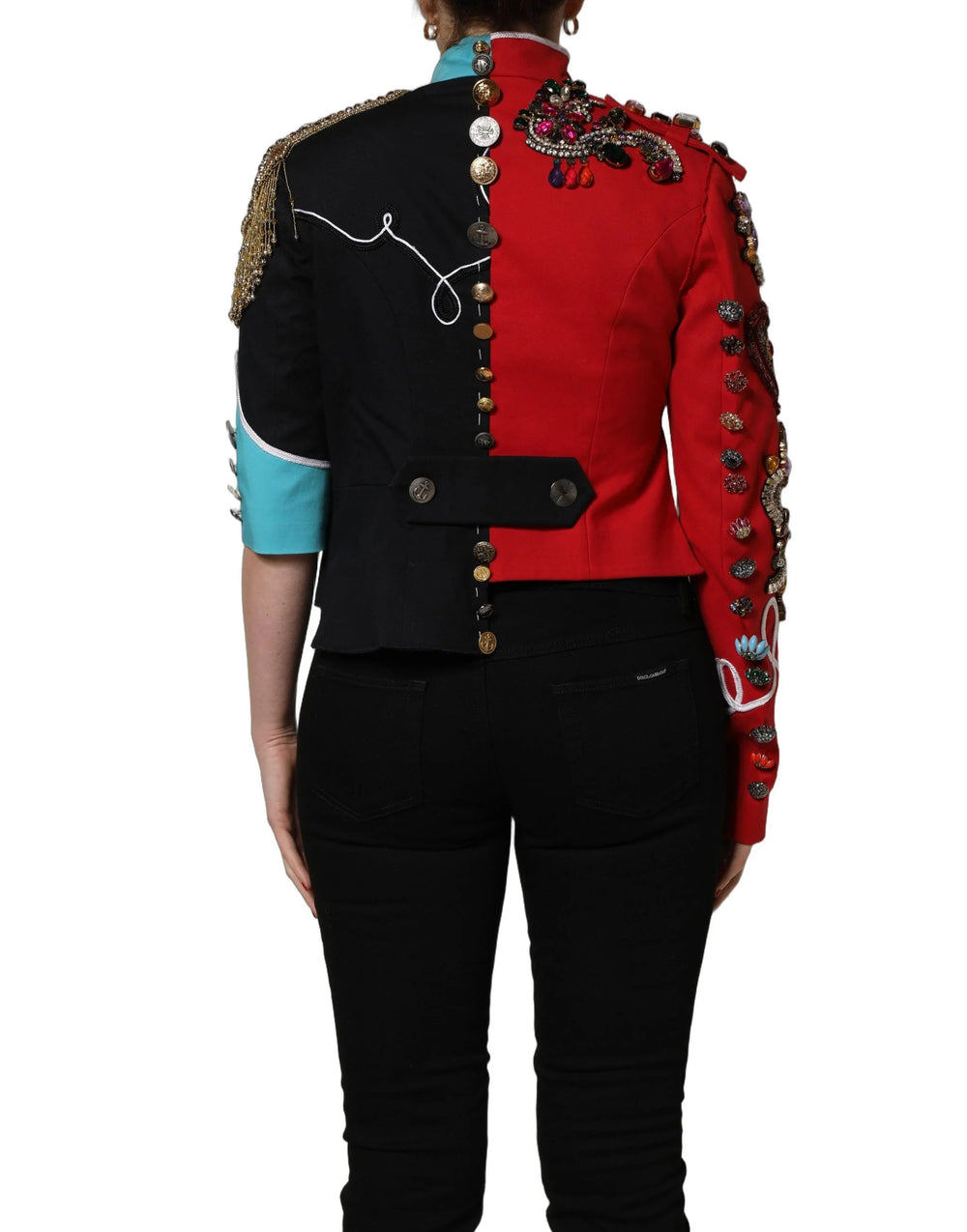Dolce & Gabbana Multicolor Asymmetrical Ornate Jewel Cropped Jacket - IT40|S