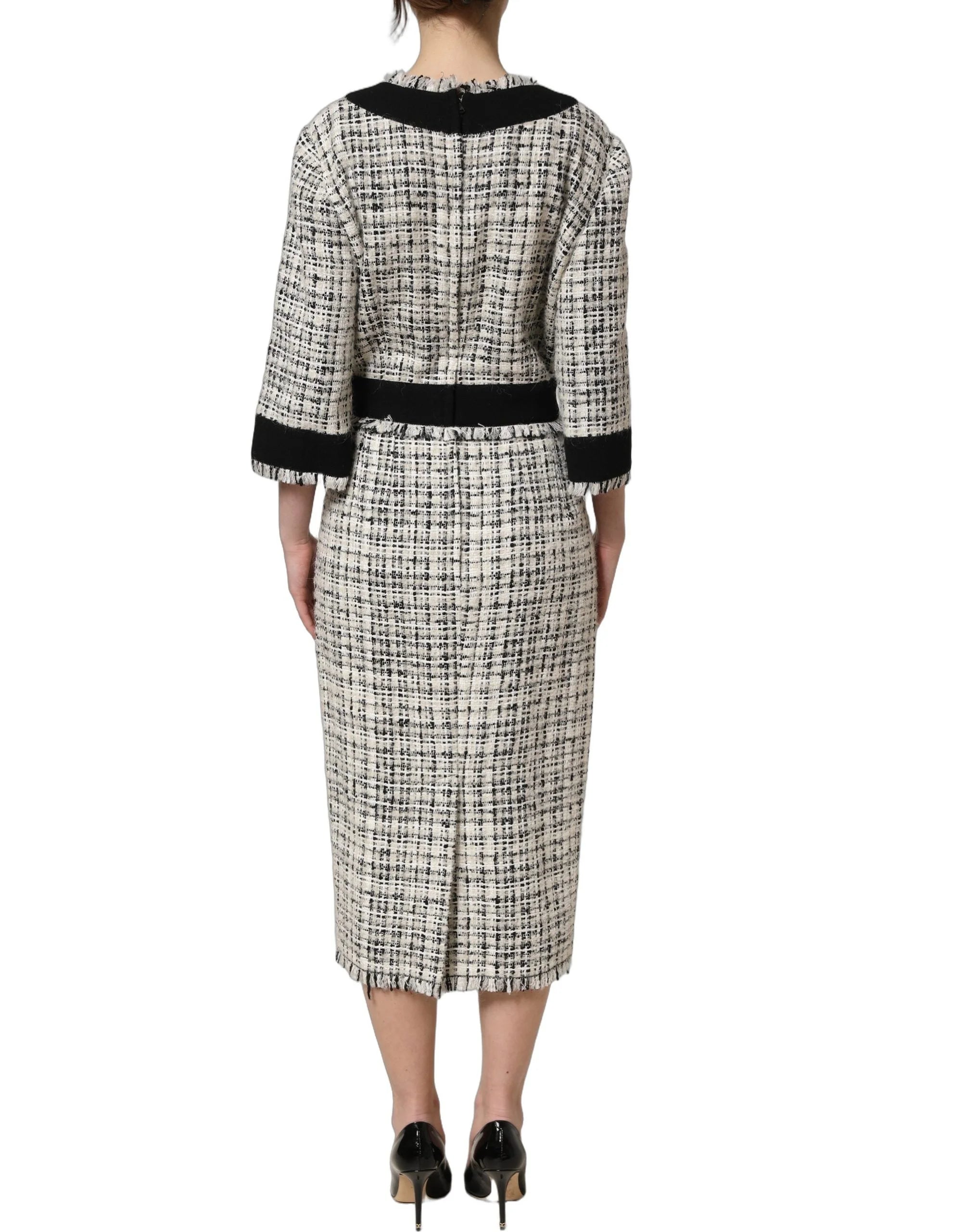Dolce & Gabbana Multicolor Bouclé Tweed Frayed Trim Midi Dress
