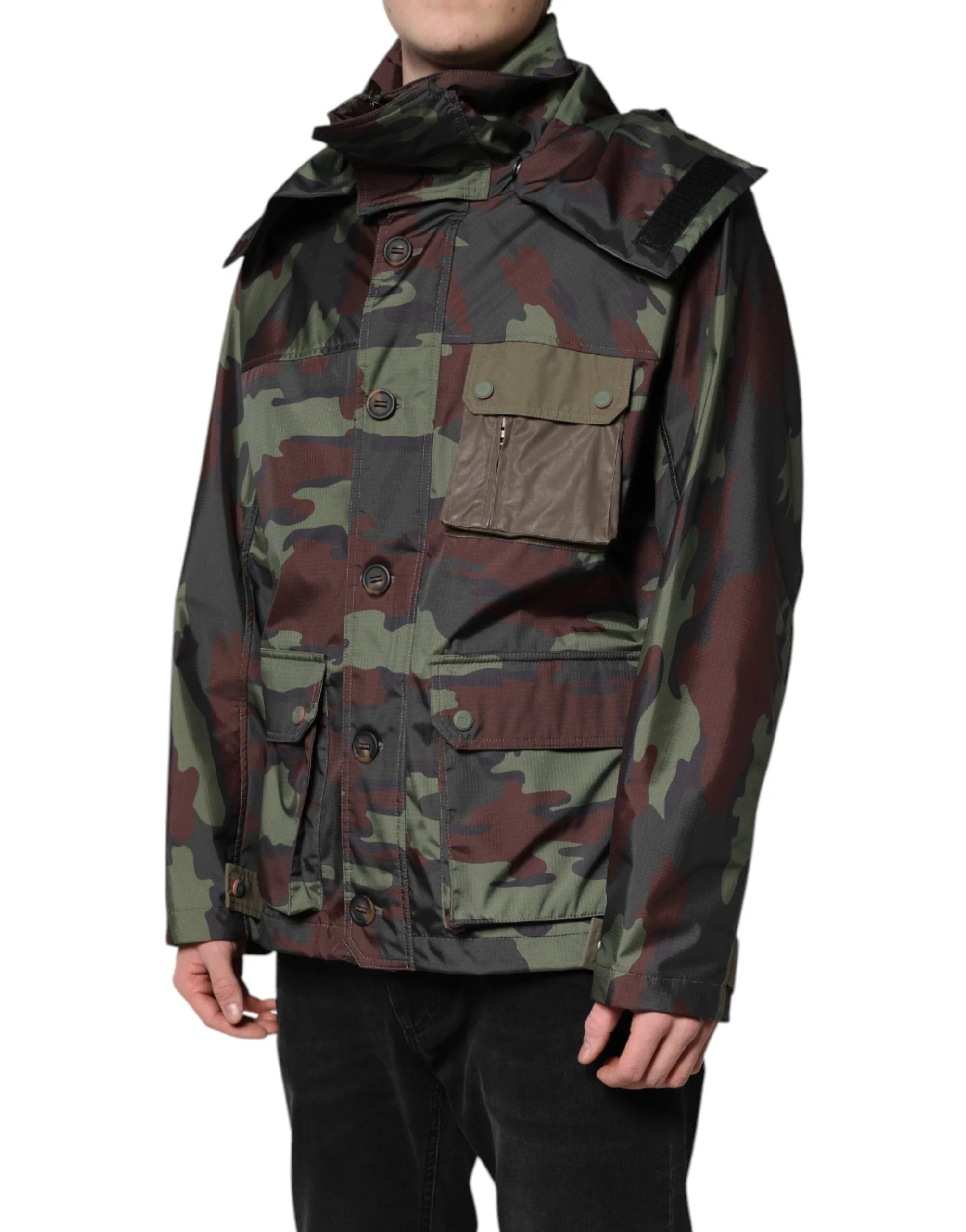 Dolce & Gabbana Multicolor Camouflage Button Hooded Jacket - IT54 | XL - Windbreakers