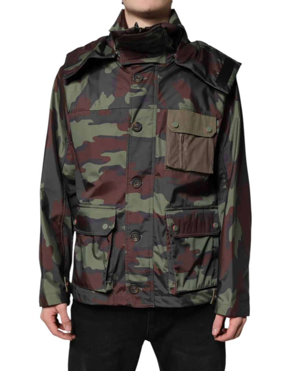 Dolce & Gabbana Multicolor Camouflage Button Hooded Jacket - IT54 | XL - Windbreakers