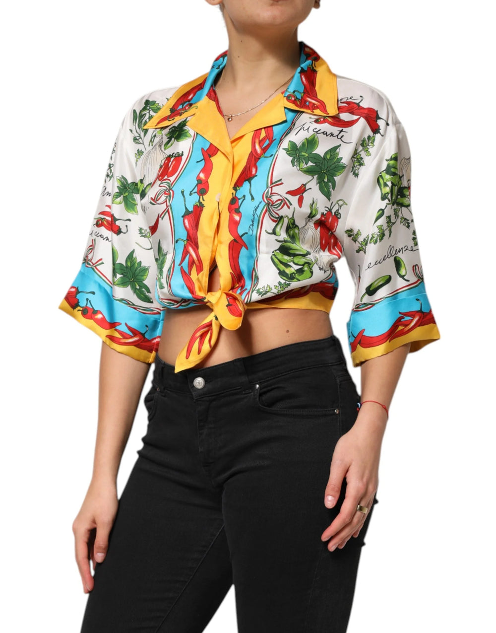 Dolce & Gabbana Multicolor Chili Silk Cropped Blouse Top - Blouses