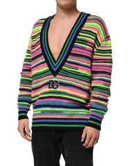 Dolce & Gabbana Multicolor DG Logo V-Neck Knit Pullover Sweater - M - Sweaters