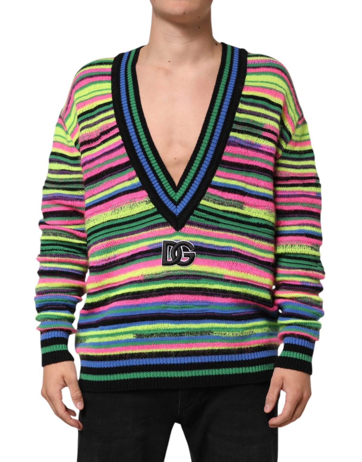 Dolce & Gabbana Multicolor DG Logo V-Neck Knit Pullover Sweater - M - Sweaters