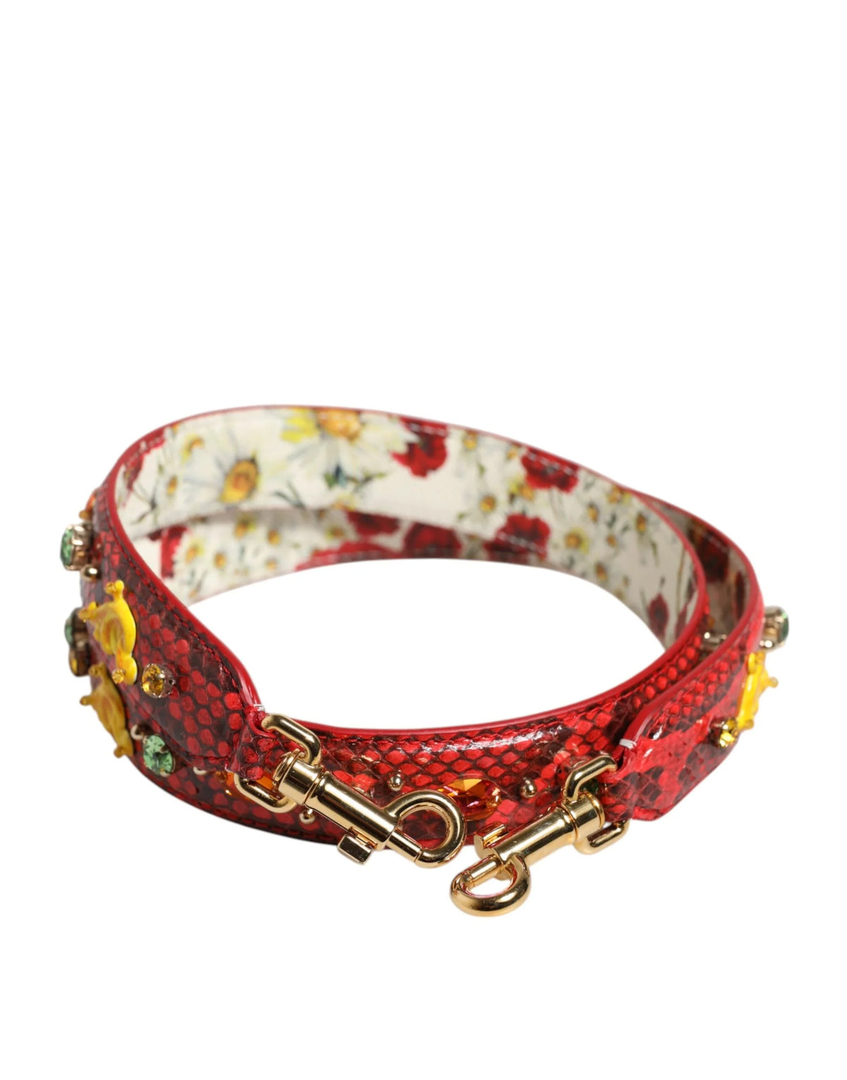 Alça de ombro em couro de píton multicolorida Dolce & Gabbana com detalhes em cristais florais e ferragem em dourado.