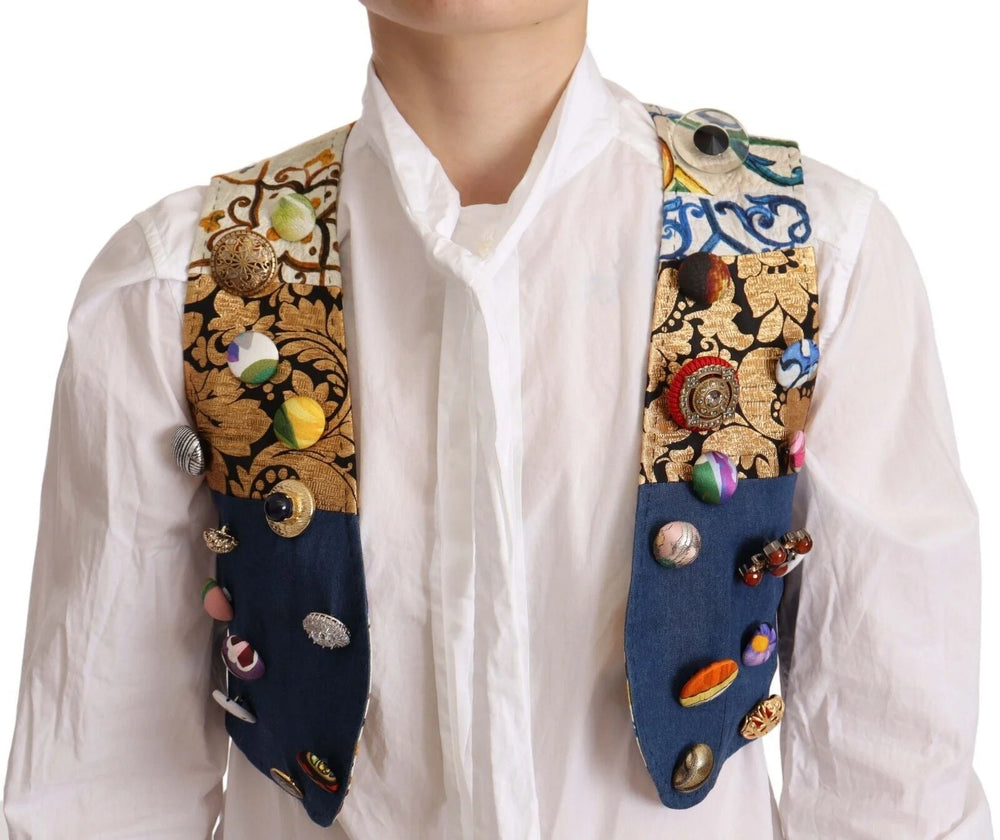 Dolce & Gabbana Multicolor Embellished Waist Coat Cotton Top - IT38|XS - Tank Tops
