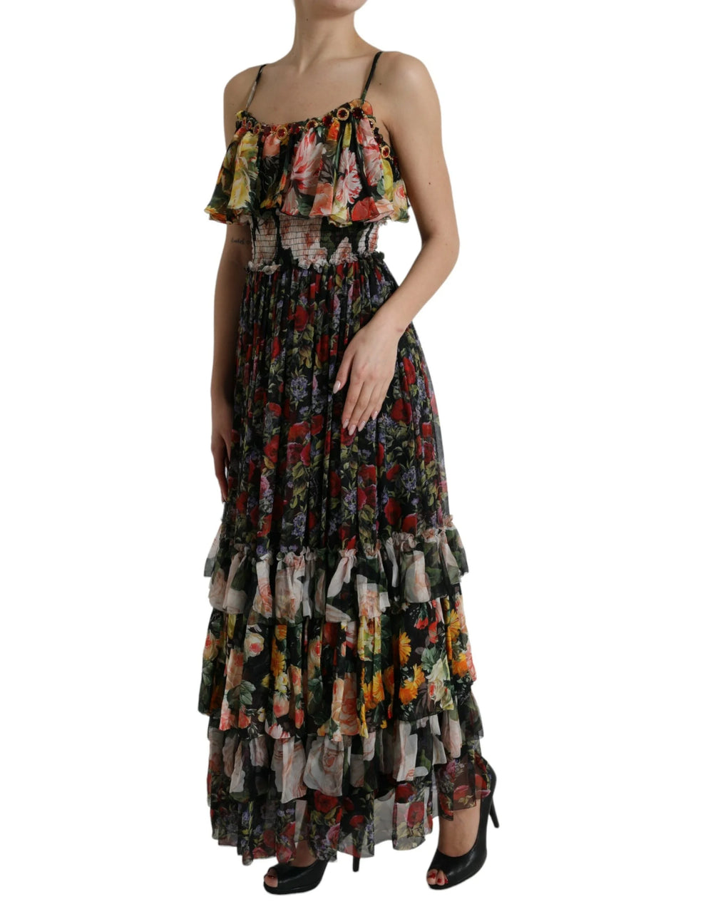 Dolce & Gabbana Multicolor Floral Chiffon Tiered Maxi Dress - IT40|S - Dresses