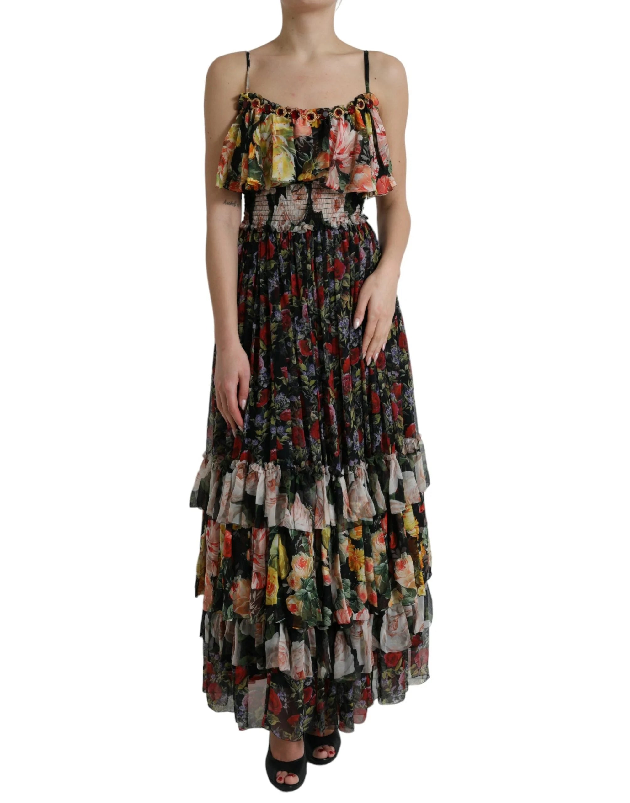 Dolce & Gabbana Multicolor Floral Chiffon Tiered Maxi Dress - IT40|S - Dresses