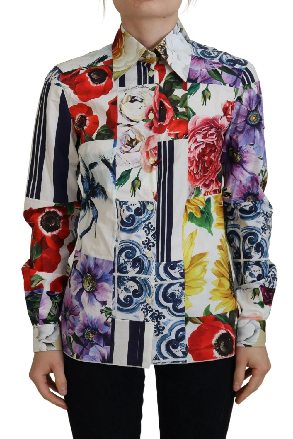 Dolce & Gabbana Multicolor Floral Cotton Collared Blouse Top - IT36|XXS - Blouses