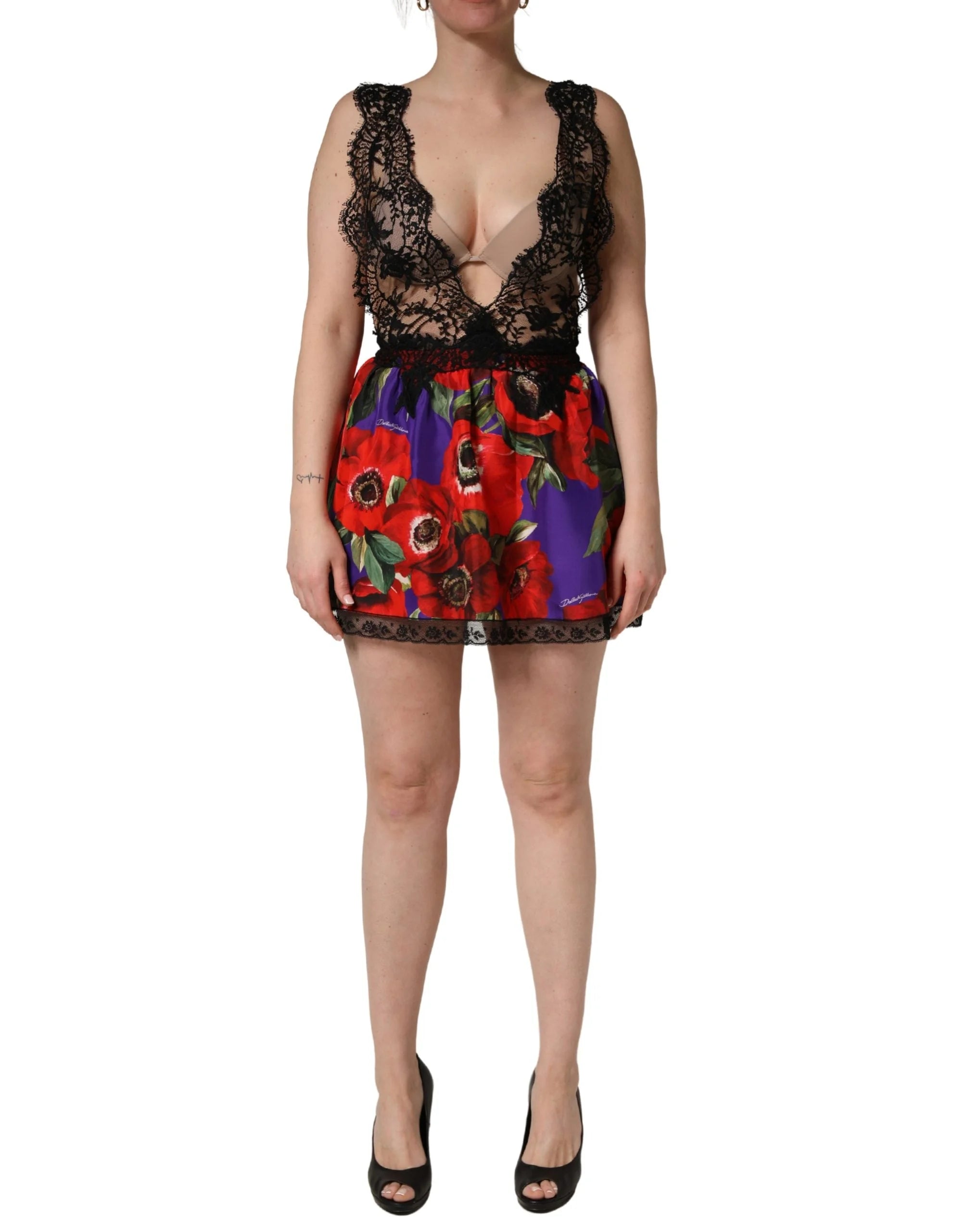 Dolce & Gabbana Färgstark blommönstrad spetsklänning med korta ärmar och mini-längd - IT40|S