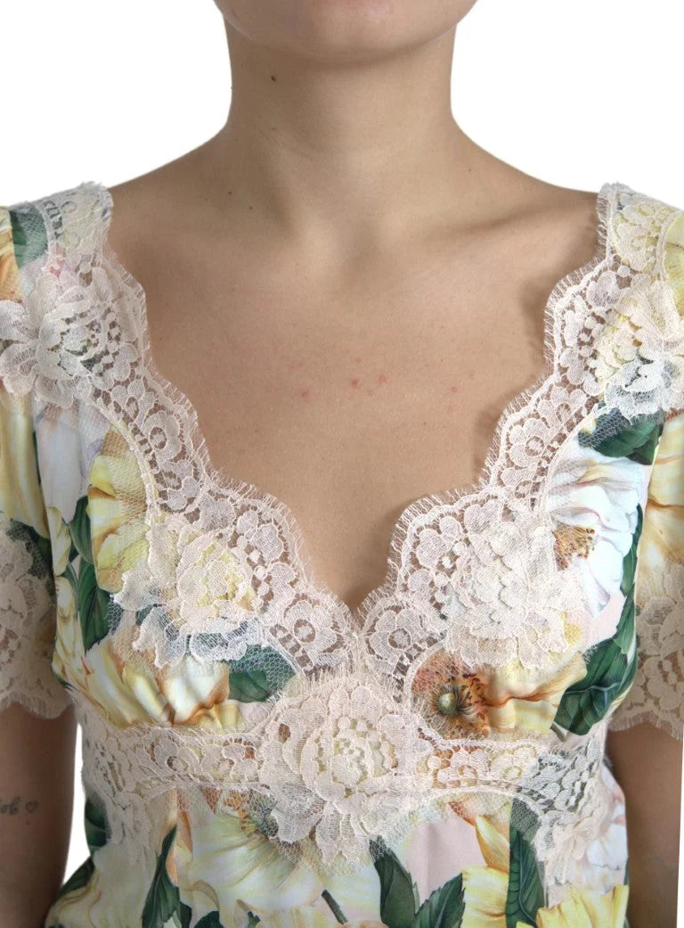 Dolce & Gabbana Multicolor Floral Lace V Neck Blouse - Blouses