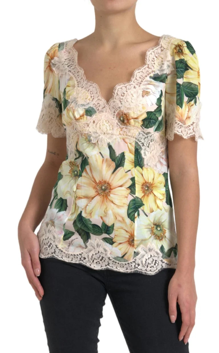 Dolce & Gabbana Multicolor Floral Lace V Neck Blouse - Blouses