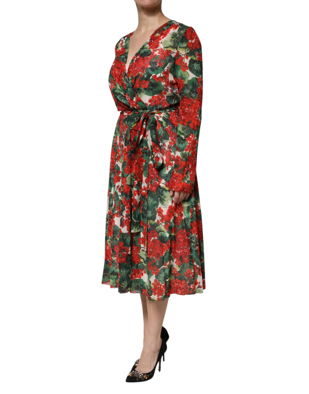 Dolce & Gabbana Multicolor Floral Long Sleeves V-neck Dress - IT46|XL - Dresses