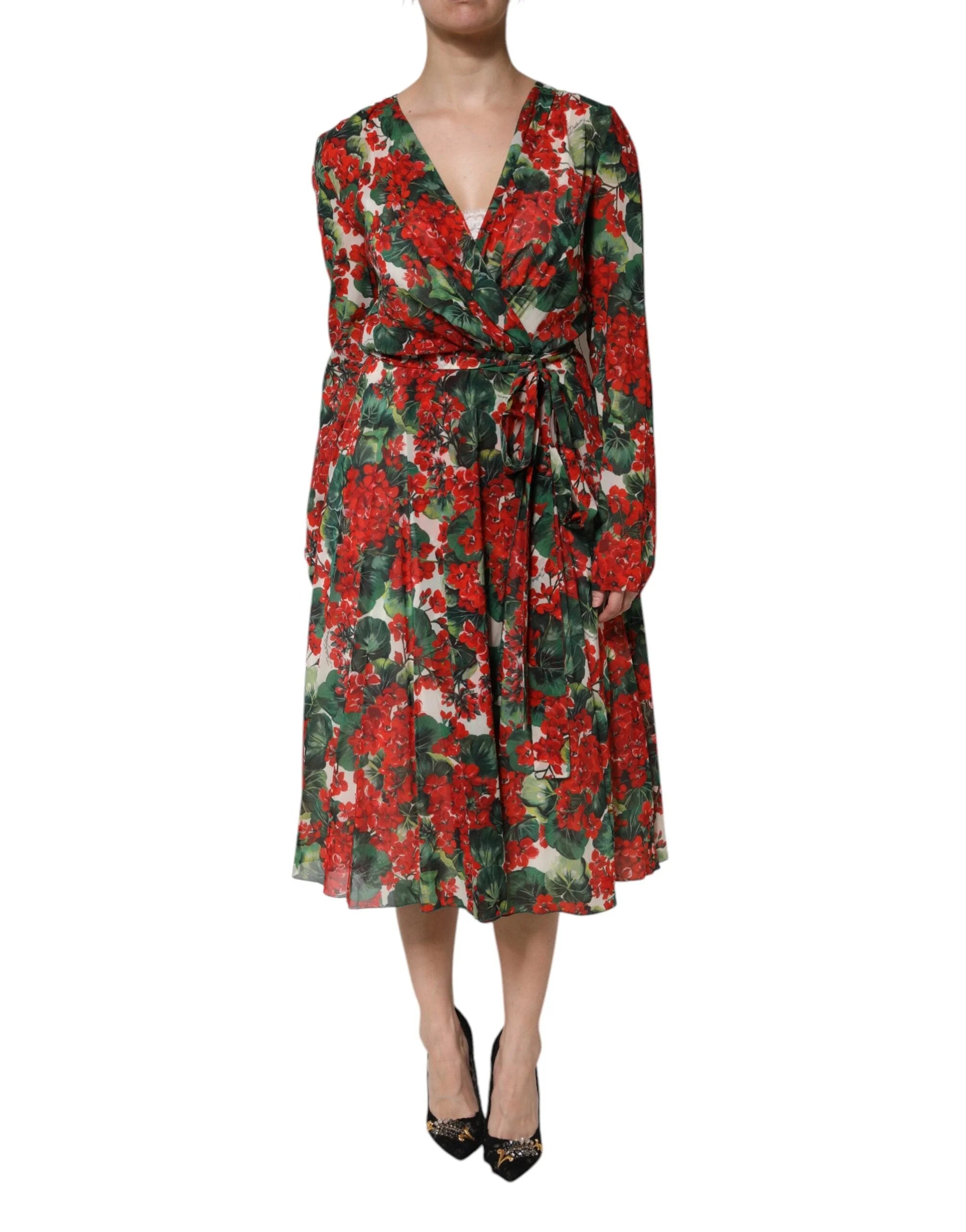 Dolce & Gabbana Multicolor Floral Long Sleeves V-neck Dress - IT46|XL - Dresses