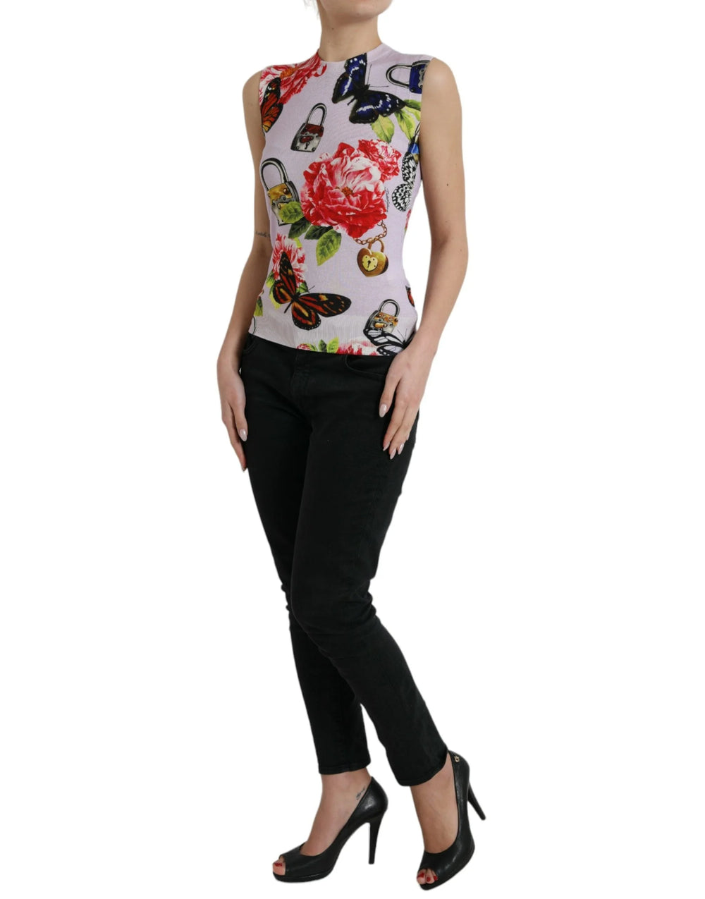 Dolce & Gabbana Multicolor Floral Padlock Butterfly Tank Top - IT38 | XS - Tank Tops