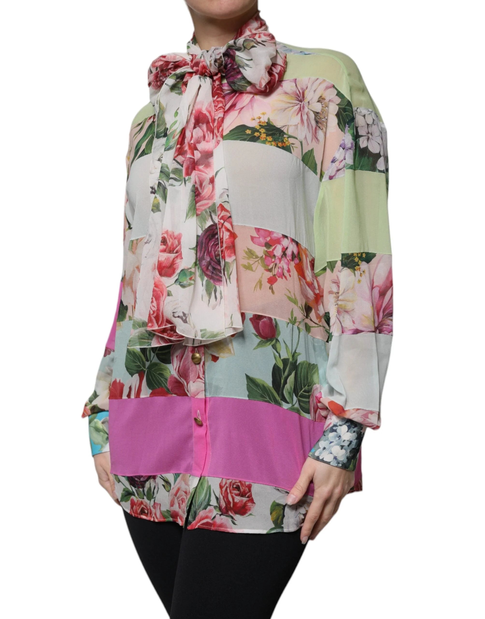 Dolce & Gabbana Multicolor Floral Patchwork Ascot Collar Top - IT38 | XS - Blouses