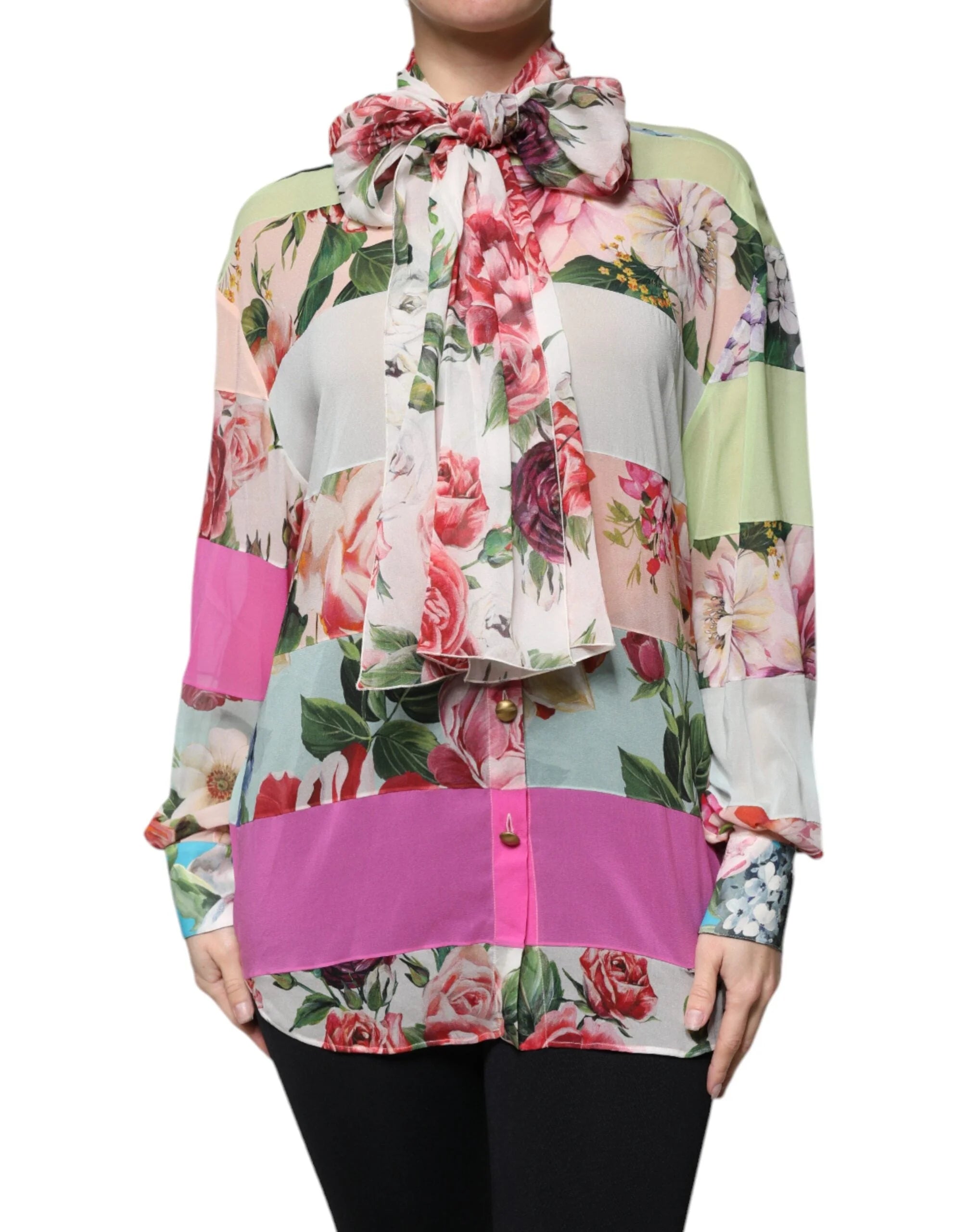 Dolce & Gabbana Multicolor Floral Patchwork Ascot Collar Top - IT38 | XS - Blouses