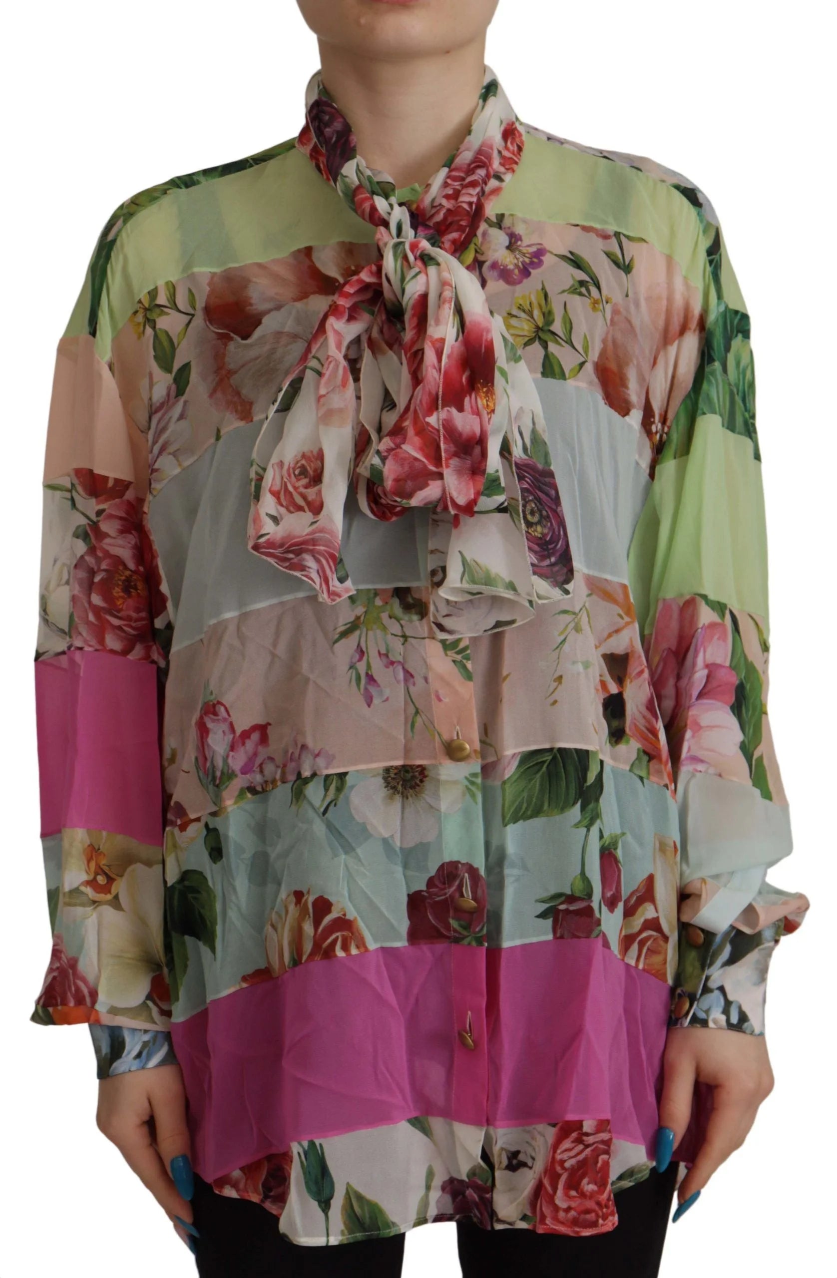 Dolce & Gabbana Multicolor Floral Patchwork Design Ascot Collar Top Blouse - IT42|M - Blouses